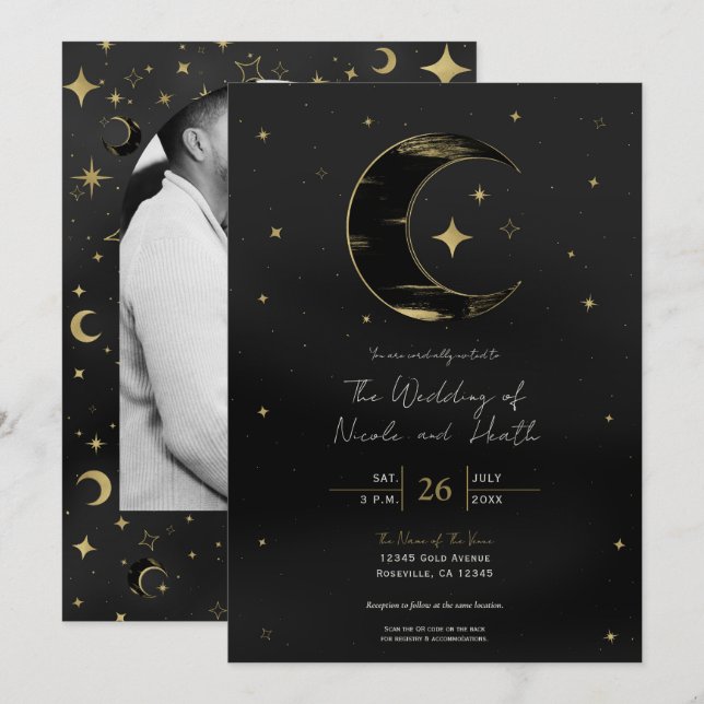 Black & Gold Modern Celestial Moon Stars Wedding Invitation (Front/Back)