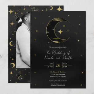 Black & Gold Modern Celestial Moon Stars Wedding Invitation