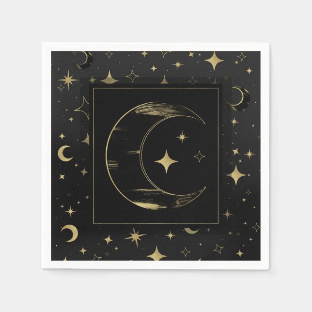 Black & Gold Modern Celestial Moon Stars Wedding Napkin (Front)