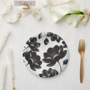 Black & Gold Modern Celestial Moon Stars Wedding Paper Plate