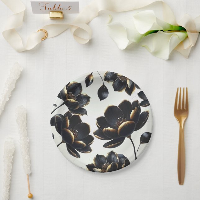 Black & Gold Modern Celestial Moon Stars Wedding Paper Plate (Wedding)
