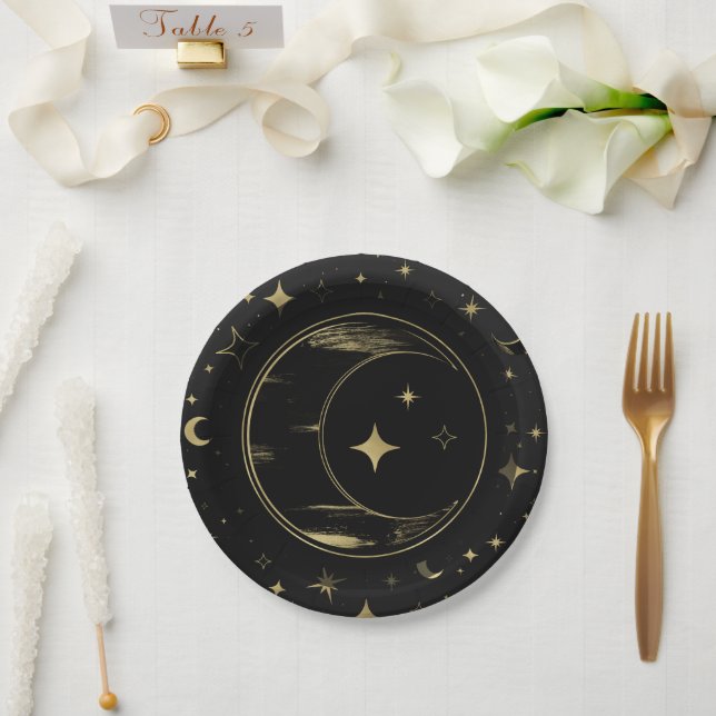 Black & Gold Modern Celestial Moon Stars Wedding Paper Plate (Wedding)