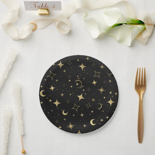Black & Gold Modern Celestial Moon Stars Wedding Paper Plate (Wedding)