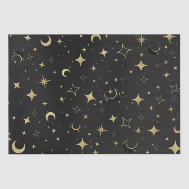 Black & Gold Modern Celestial Moon Stars Wedding Tissue Paper (Front)
