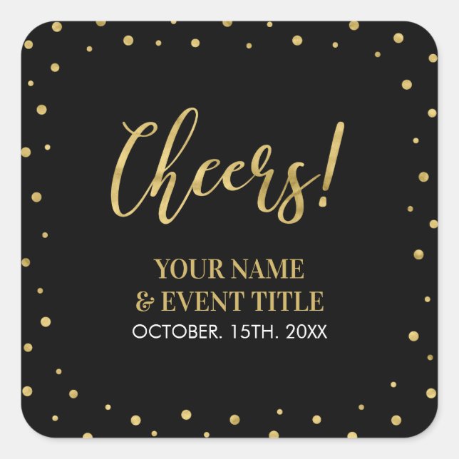 Black & Gold | Modern Cheers Adult Birthday Favour Square Sticker (Front)