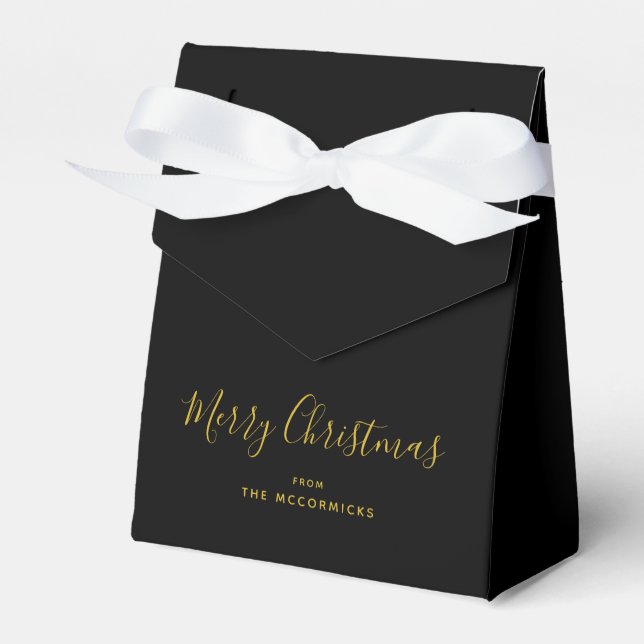 Black Gold Modern Christmas Script Personalised Favour Box (Front Side)