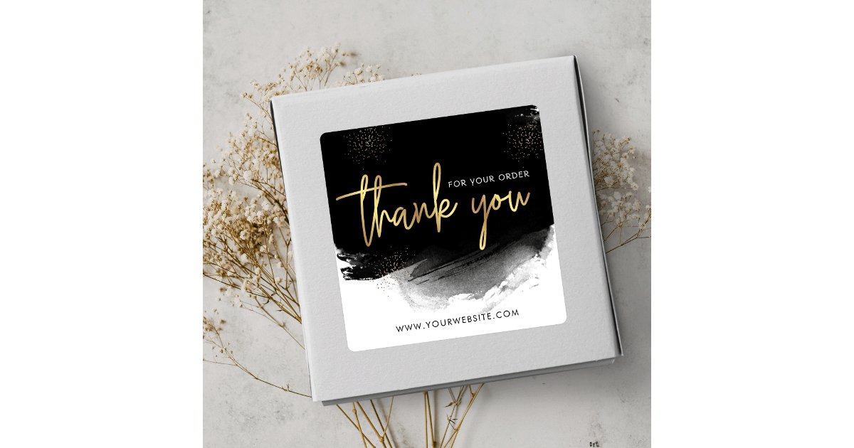 Black & Gold Modern Custom Business Thank You Square Sticker | Zazzle