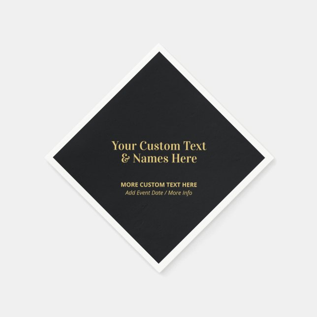 Black & Gold Modern Custom Personalised Text Party Napkin (Corner)