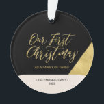 Black & Gold Modern First Christmas Photo Ornament<br><div class="desc">Celebrate the season with this stylish Christmas photo ornament. This design features modern lettering "Our First Christmas" with geometric colour blocks. You can add your photo and personalise the text. More holiday gifts and cards are available at my shop BaraBomDesign.</div>