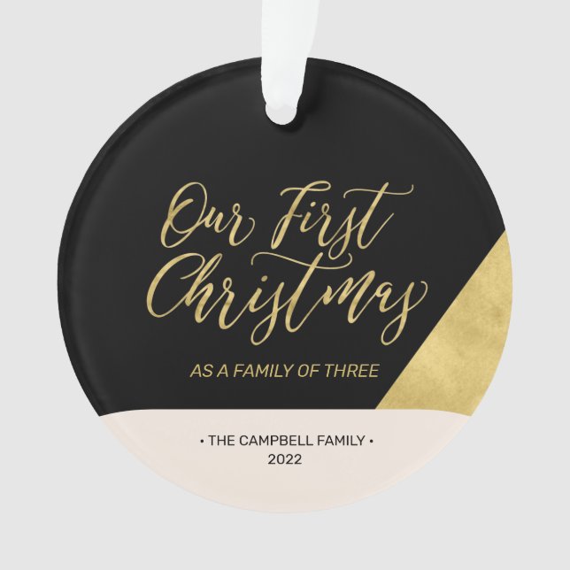 Black & Gold Modern First Christmas Photo Ornament (Front)