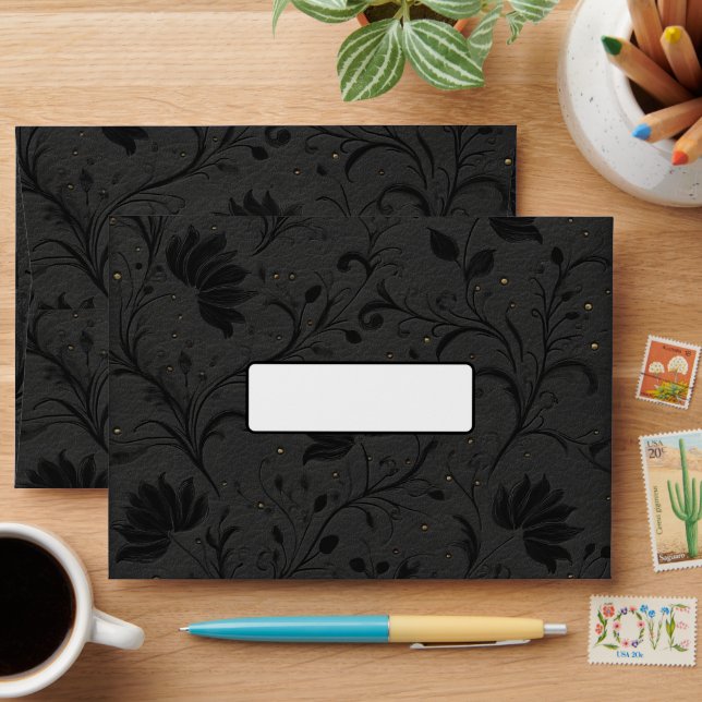 Black & Gold Modern Floral Embossed Leather  Envelope (Desk)