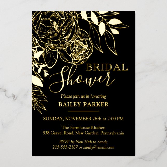 Black & Gold Modern Floral Peony Bridal Shower (Front)