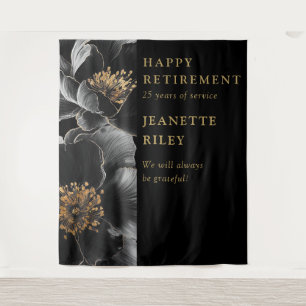 Black Gold Modern Floral Retirement Party Backdrop Tapestry
