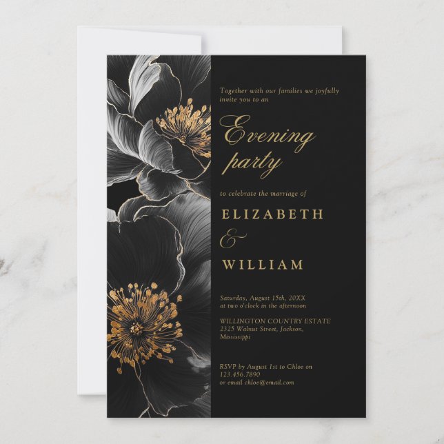 Black Gold Modern Floral Wedding Evening Party Invitation (Front)