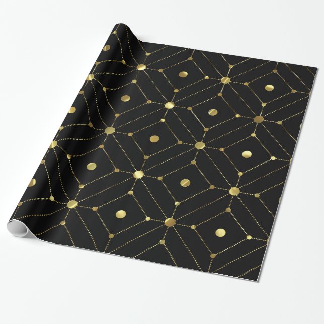 Black & gold modern geometric pattern wrapping paper (Unrolled)
