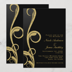 Black & Gold Modern Glam Elegant Swirl Wedding Invitation