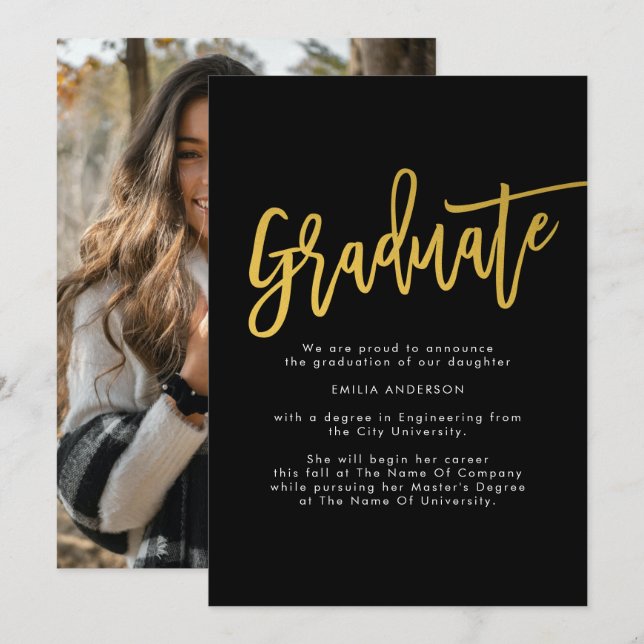 Black Gold Modern Graduate Photo  Announcement (Front/Back)