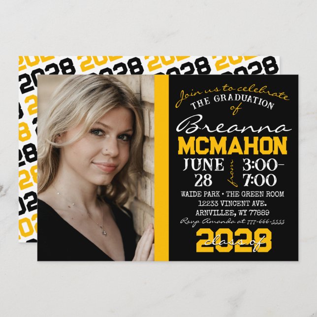 Black & Gold Modern Graduation Photo Invitation (Front/Back)