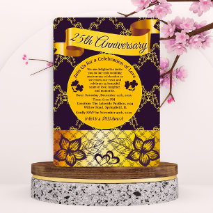 Black & Gold Modern Heart 25th Wedding Anniversary Invitation