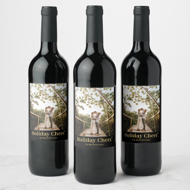 Black & Gold Modern Holiday Cheer Photo Wine Label (Bottles)