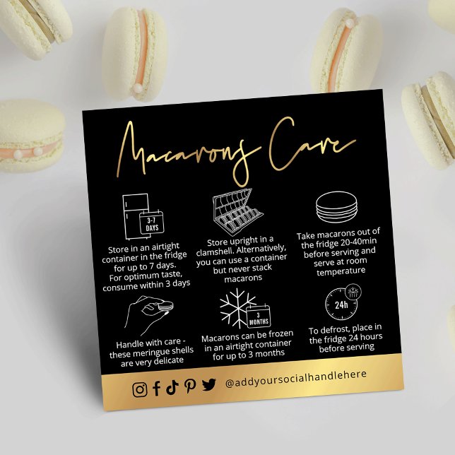 Black & Gold Modern Macarons Pastry Chef Square Business Card (Black and gold macarons care cards with space for your logo and business details)