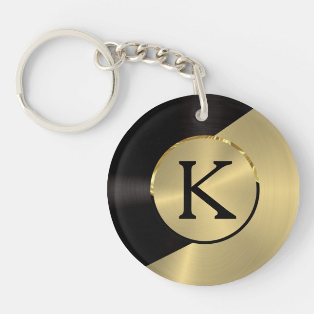 Black & Gold Modern Metallic Geometric Design Key Ring (Front)