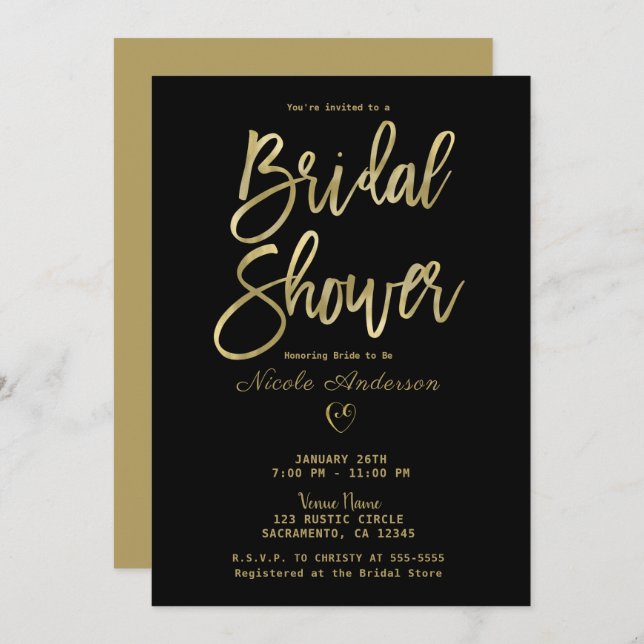Black & Gold Modern Minimal Chic Bridal Shower   Invitation (Front/Back)