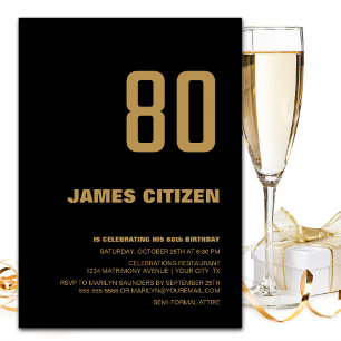 Black Gold Modern Minimalist 80th Birthday Party Invitation