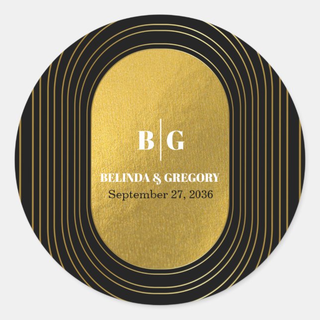 Black & Gold Modern Minimalist Arch Wedding  Classic Round Sticker (Front)