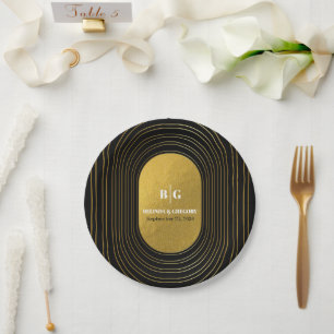 Black & Gold Modern Minimalist Arch Wedding Paper Plate