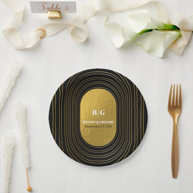 Black & Gold Modern Minimalist Arch Wedding  Paper Plate (Wedding)