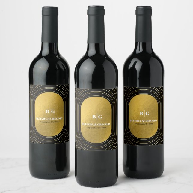 Black & Gold Modern Minimalist Arch Wedding Wine Label (Bottles)