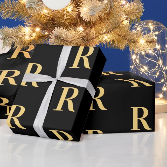 Black Gold Modern Monogram Wrapping Paper (Holidays)