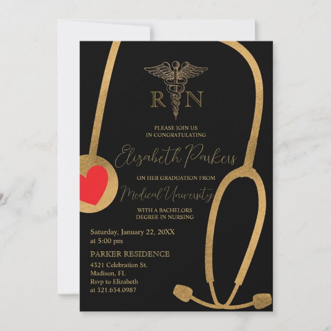 Black Gold Modern Nursing School Graduation Party Invitation (Front)