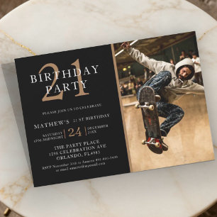 Black & Gold Modern Photo 21 st Birthday Invitation