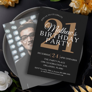 Black & Gold Modern Photo 21 st Birthday Invitation