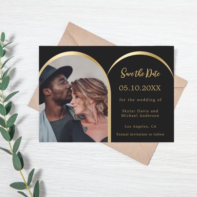 Black gold modern photo arch wedding save the date (Creator Uploaded)