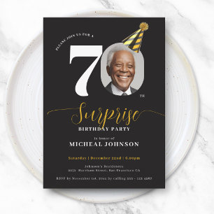 Black Gold Modern Photo Surprise 70th Birthday Invitation