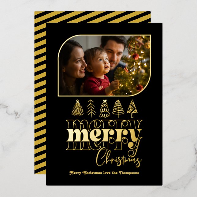 Black & Gold Modern Retro Doodle Christmas Photo Foil Holiday Card (Front/Back)
