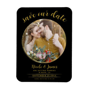 Black & Gold Modern Round Photo Save the Date Magnet