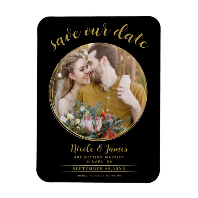 Black & Gold Modern Round Photo Save the Date Magnet (Vertical)