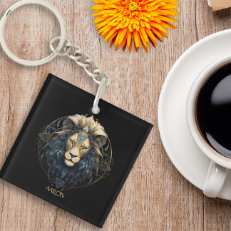 Black Gold Modern Script Big Cat Star Sign Leo Key Ring