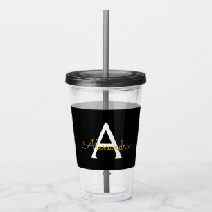 Black Gold Modern Script Girly Monogram Name Acrylic Tumbler