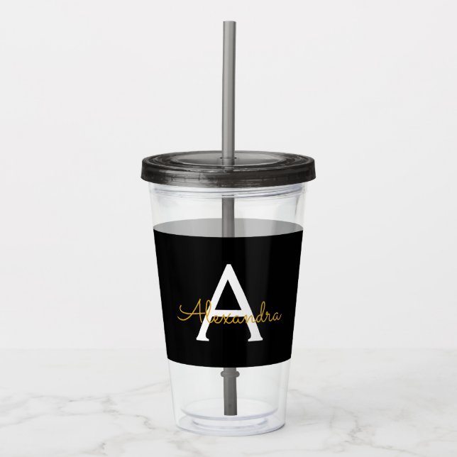 Black Gold Modern Script Girly Monogram Name Acrylic Tumbler (Front)