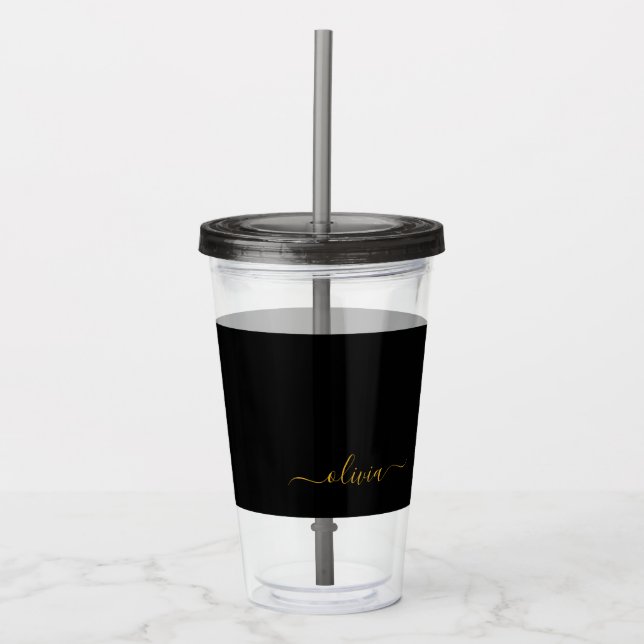 Black Gold Modern Script Girly Monogram Name Acrylic Tumbler (Front)