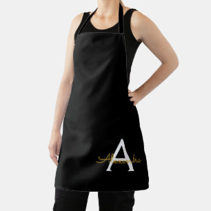 Black Gold Modern Script Girly Monogram Name Apron