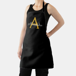 Black Gold Modern Script Girly Monogram Name Apron