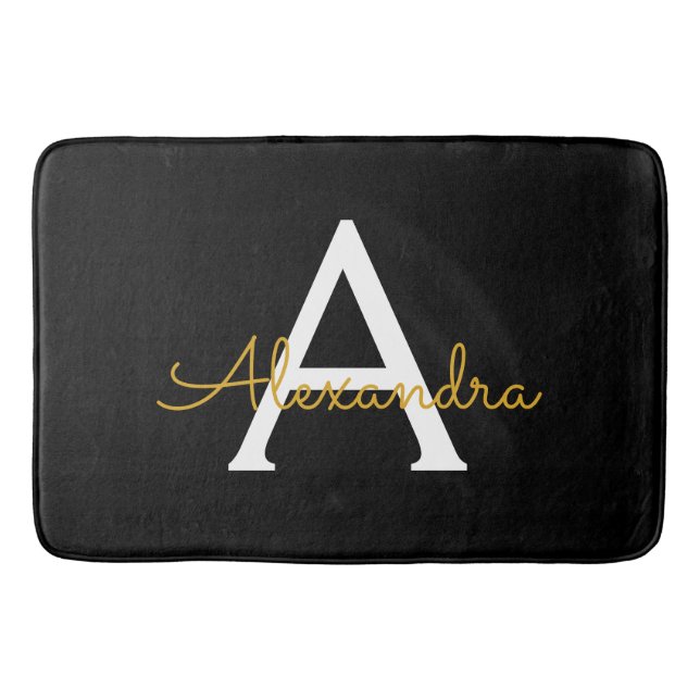 Black Gold Modern Script Girly Monogram Name Bath Mat (Front)