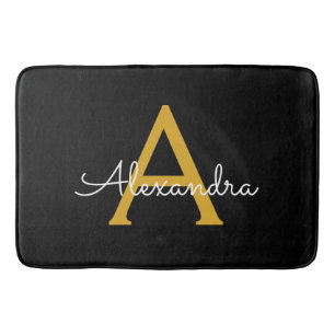 Black Gold Modern Script Girly Monogram Name Bath Mat