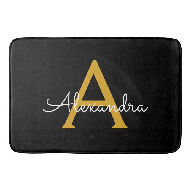 Black Gold Modern Script Girly Monogram Name Bath Mat (Front)